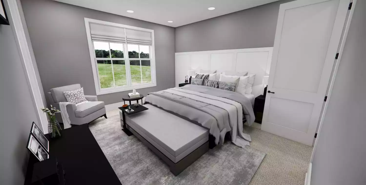 Soft Grays and a Paneled Headboard Wall Give This Primary Bedroom Real Presence