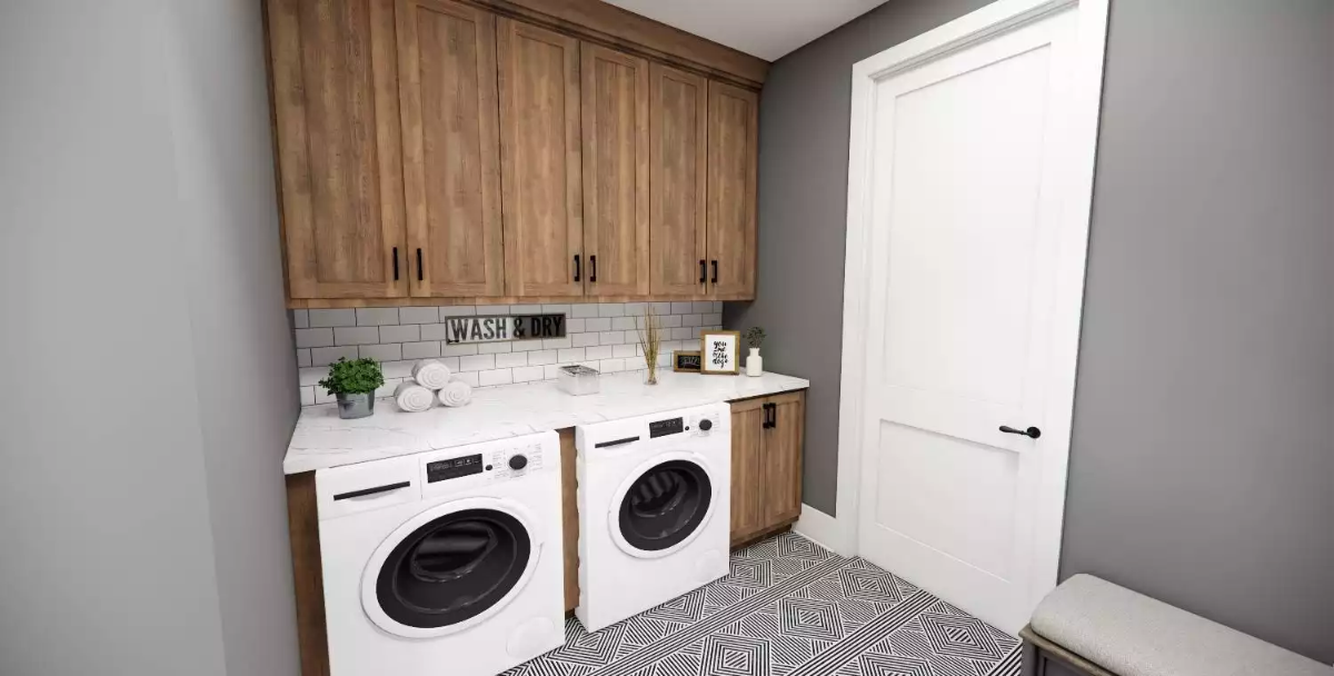 Warm Wood Cabinets and Subway Tile Keep This Laundry Room Honest