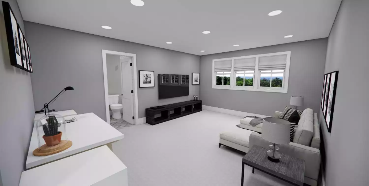 Recessed Lights, a Wall-Mounted TV, and a Bathroom Steps Away: Bonus Room Done Right