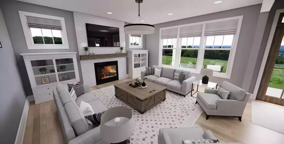Warm Fireplace, Gray Sofas, and a View That Does All the Work