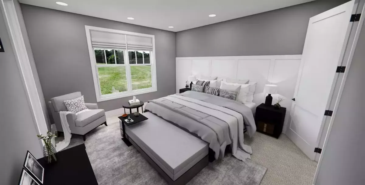 Soft Gray Bedroom Where the Upholstered Headboard Runs Wall to Wall