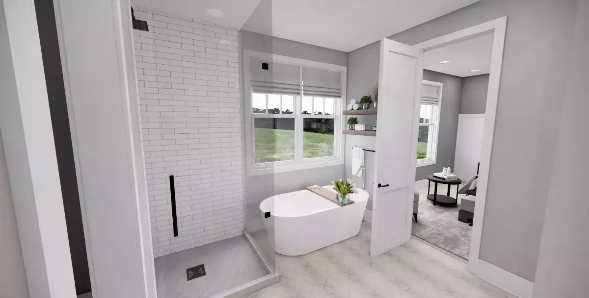 Freestanding Tub Beside a Walk-In Shower Built for Two