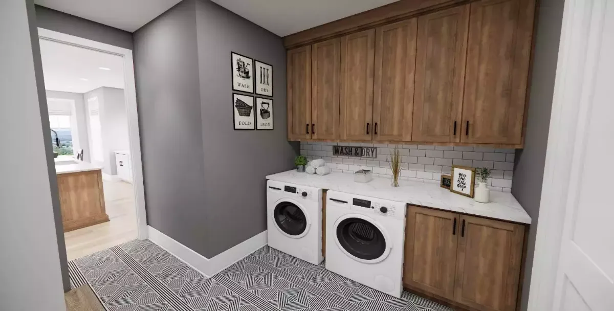 Wash & Dry Done Right, with Wood Cabinets and Marble Counters