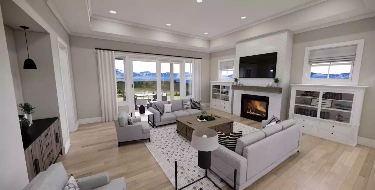 Herringbone Tile Fireplace Wall Anchors a Light-Filled Mountain View Living Room