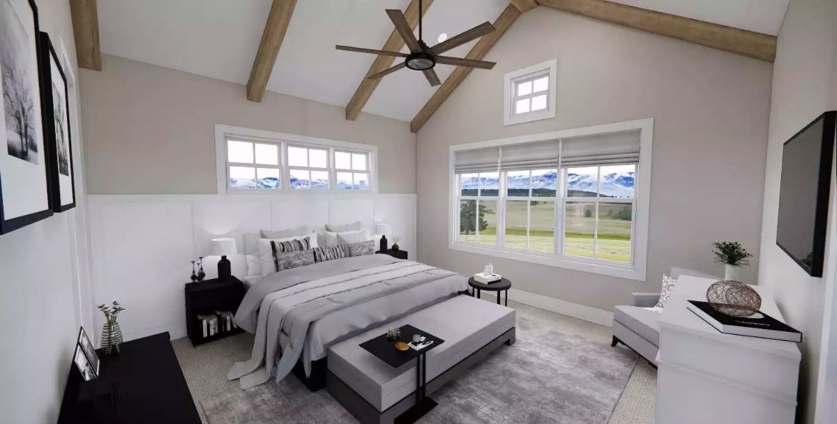 Vaulted Ceiling with Exposed Beams Turns a Bedroom into Something You Don't Forget