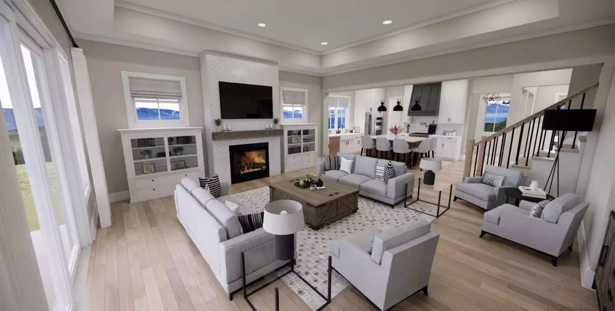 Herringbone Fireplace Surround Anchors an Open-Concept Living Space