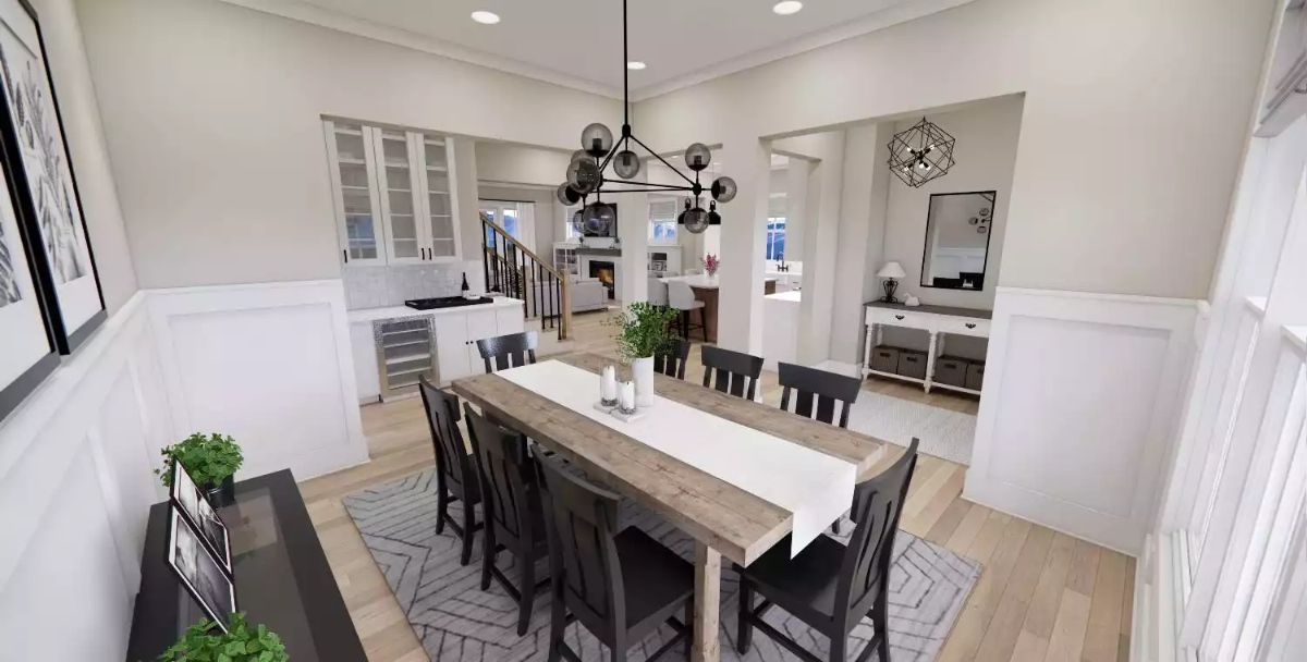 Rustic Dining Table Holds Its Own Against a Modern Sputnik Chandelier