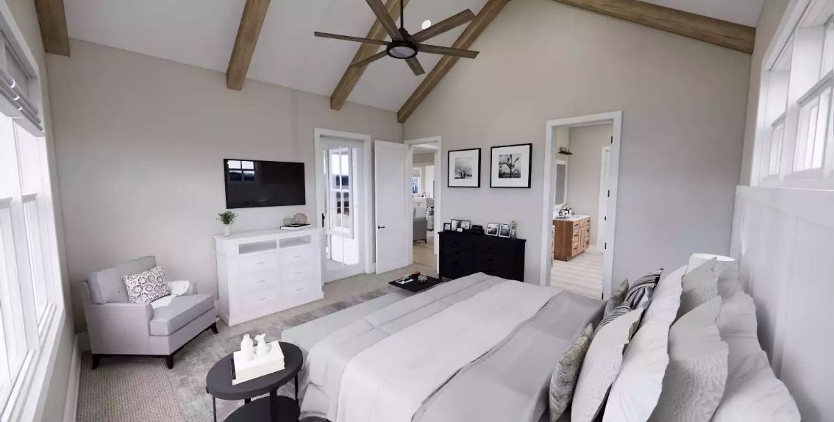 Vaulted Ceiling with Exposed Trusses Gives This Master Bedroom Real Volume