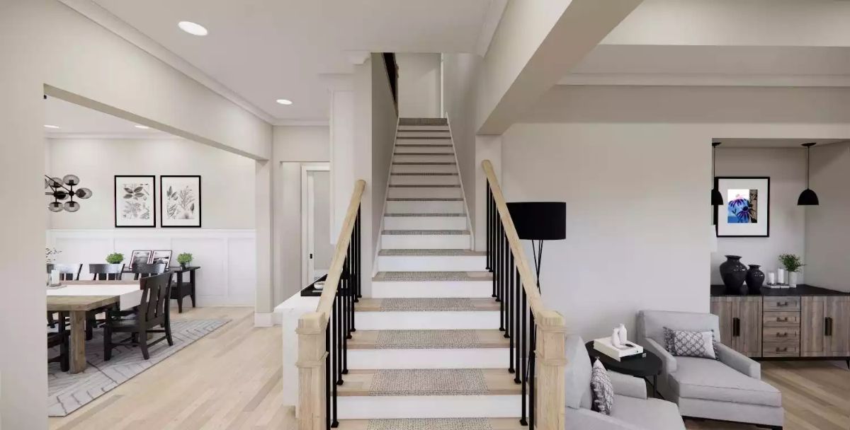 Staircase Runner and Iron Railings Set the Tone for the Whole Entry