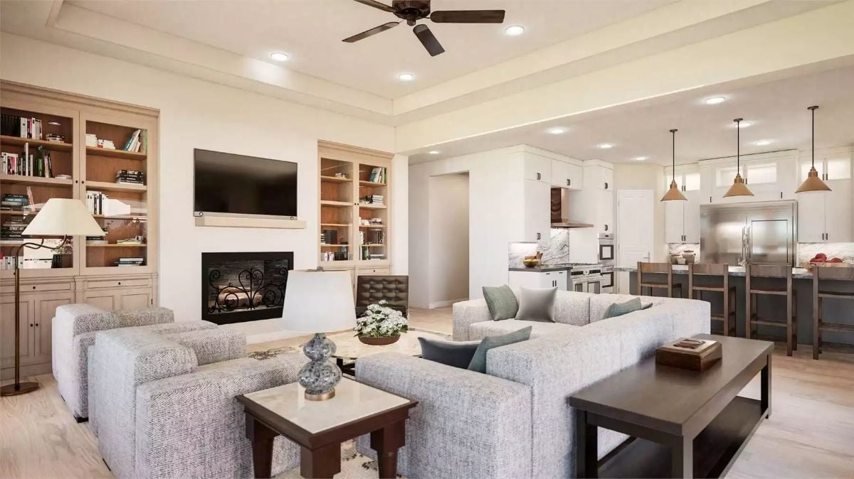 Built-Ins, Fireplace, and Open Kitchen Pull the Whole Floor Together