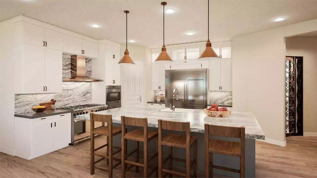 Copper Pendants and Marble Backsplash Make a Strong Case for Mixed Materials