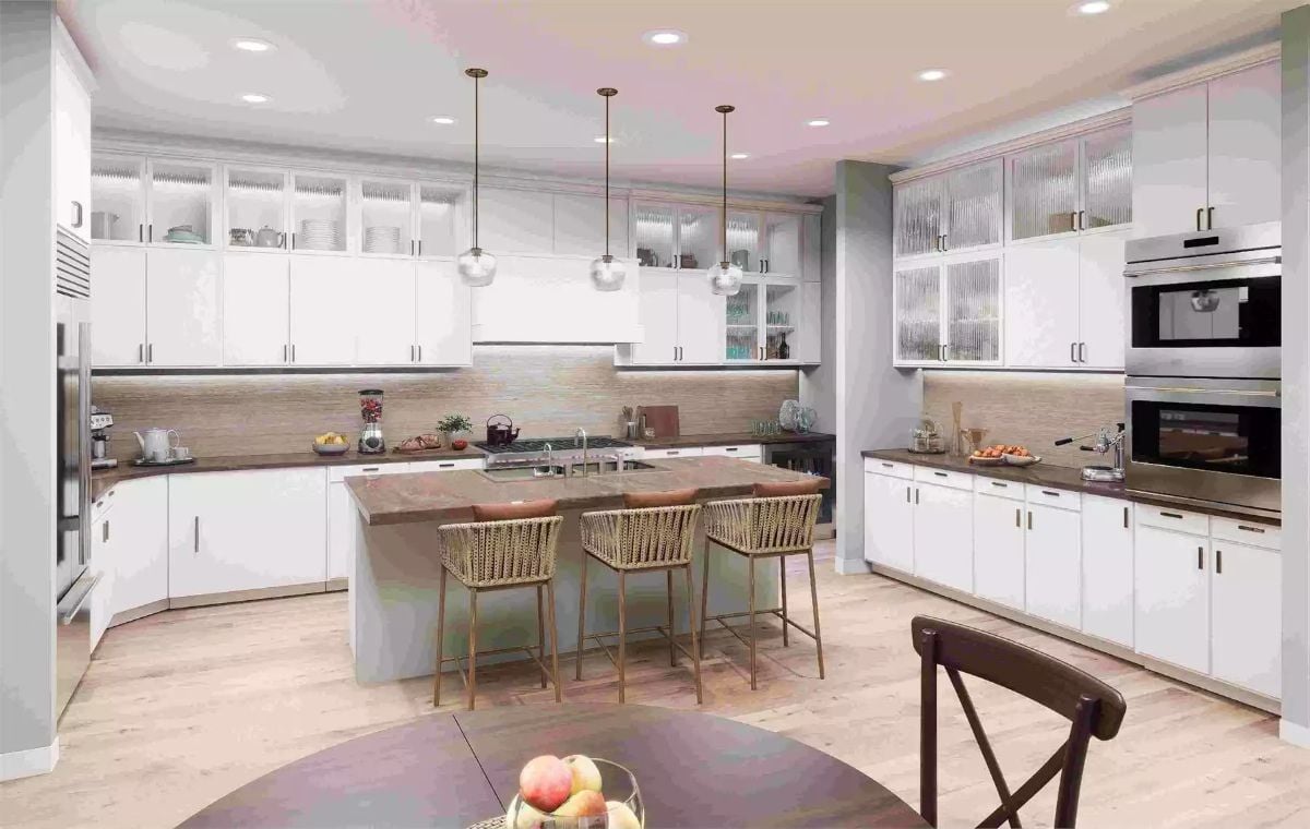 Woven Barstools and Pendant Lights Keep This Kitchen From Feeling Cold