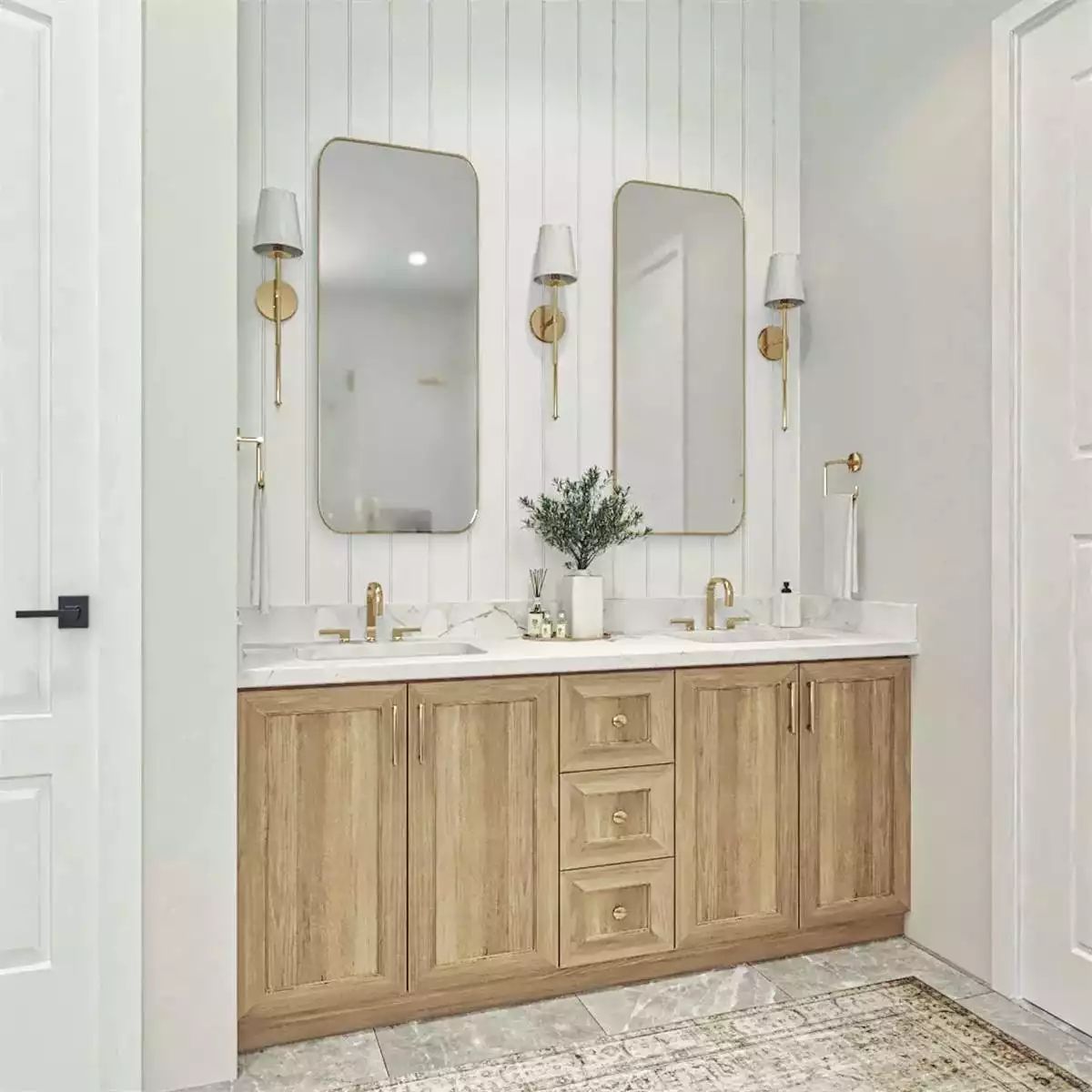 Gold Hardware and White Oak Do the Heavy Lifting in This Double Vanity