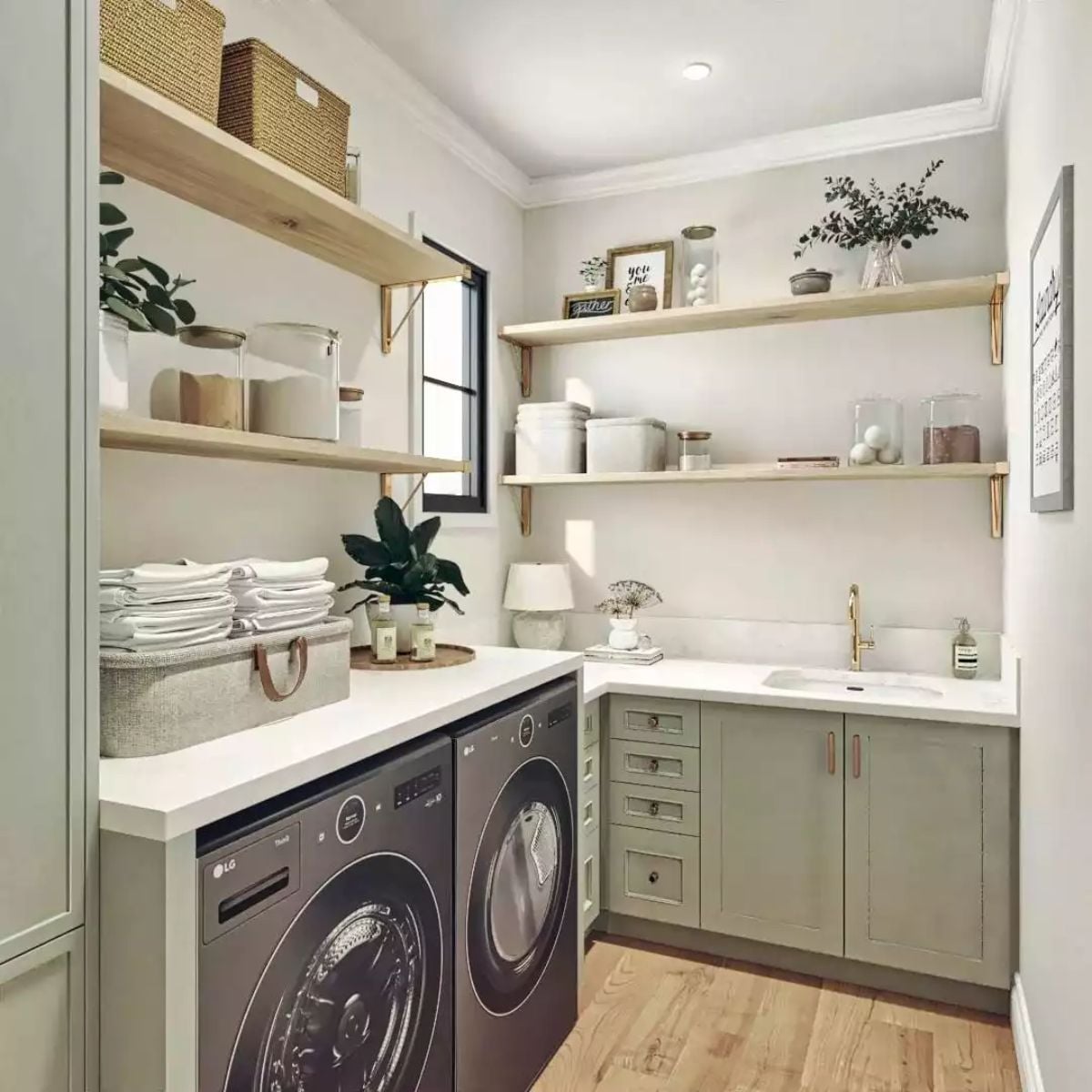 Sage Cabinets, Gold Hardware, and a Laundry Room That Actually Wants to Be Used