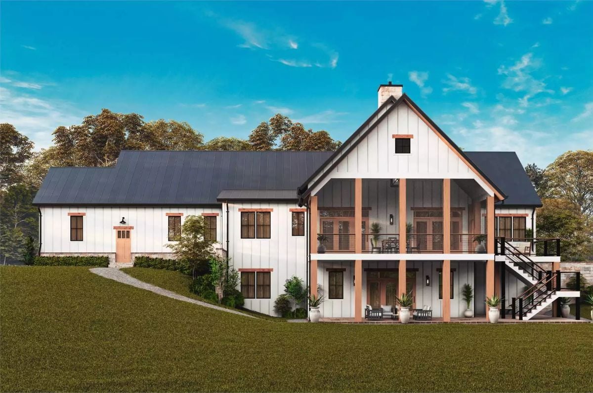 Board-and-Batten Farmhouse Rear Elevation with Screened Upper Porch