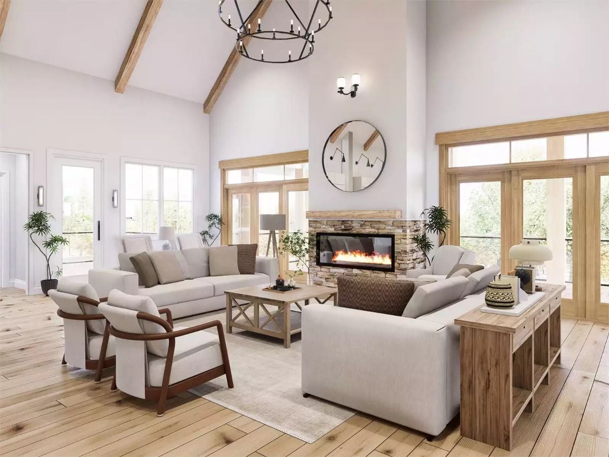 Stacked Stone Fireplace and Cathedral Beams Set the Tone Here