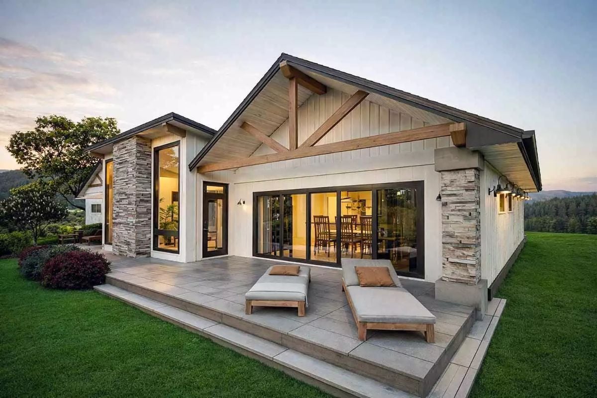 Exposed Timber Gable and Stone Columns Frame an Outdoor Living Space Worth Lingering In