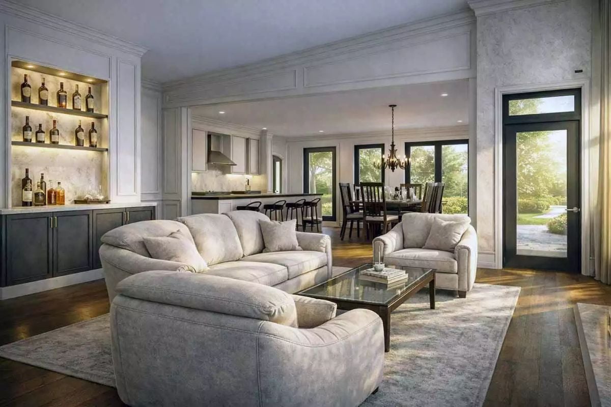 Illuminated Bar Niche and Open Sightlines Make This Living Room Work Hard