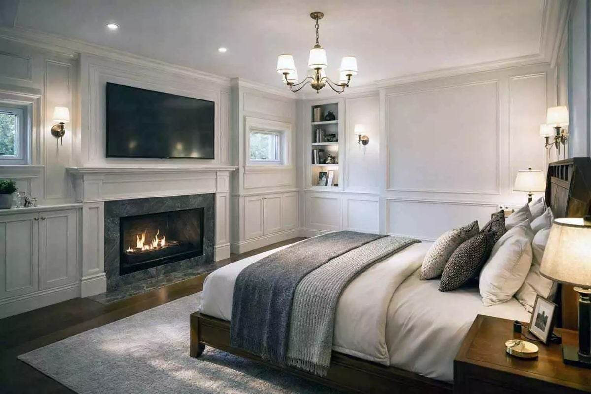 Wainscoting, Fireplace, and a Chandelier That Earns Its Place in a Bedroom