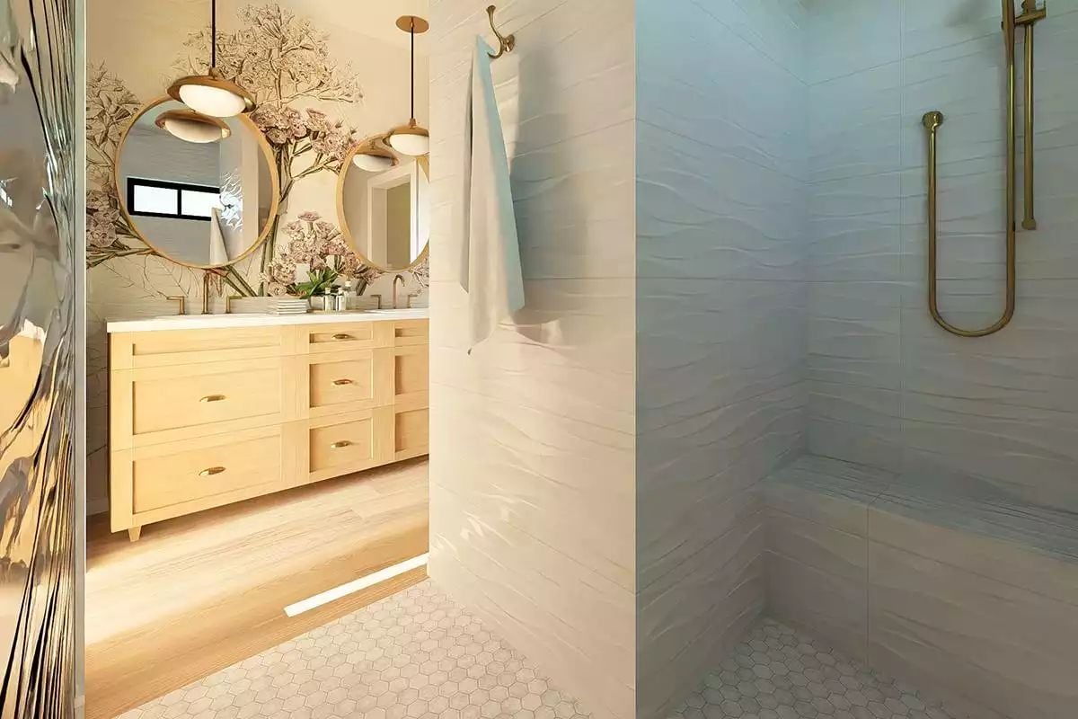 Wavy Tile, Brass Fixtures, and a Built-In Bench Make This Shower Worth Lingering In