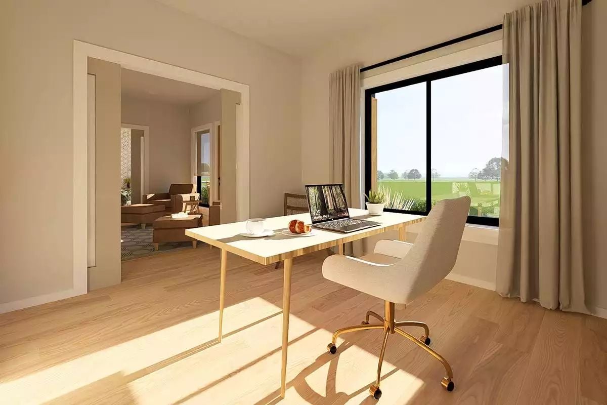 Sunlit Home Office With Gold Accents and a View Worth Working Toward