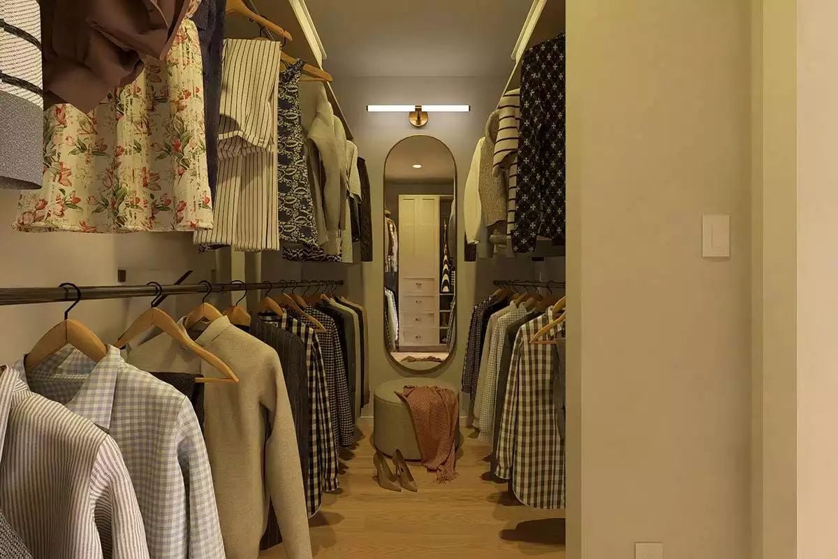 Gingham, Wood Hangers, and an Arch Mirror Make This Closet Feel Intentional
