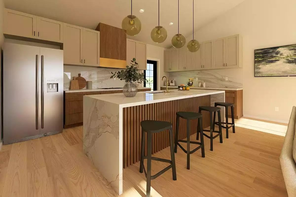 Marble Waterfall Island and Slatted Wood Panels Set the Tone in This Kitchen