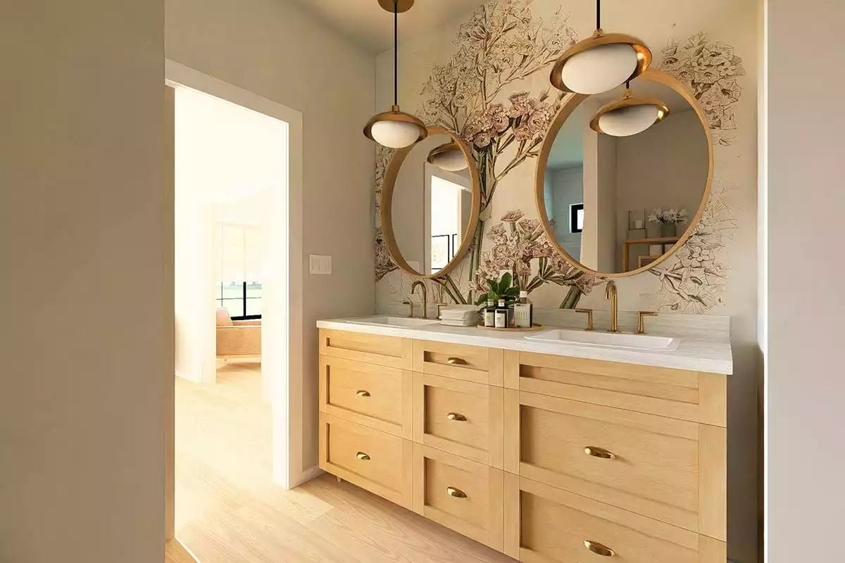 Gold Hardware and a Floral Mural Make This Double Vanity Hard to Forget