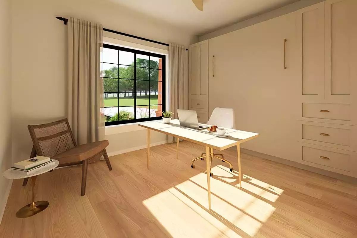 Gold Accents and Built-In Cabinetry Define This Sun-Drenched Home Office