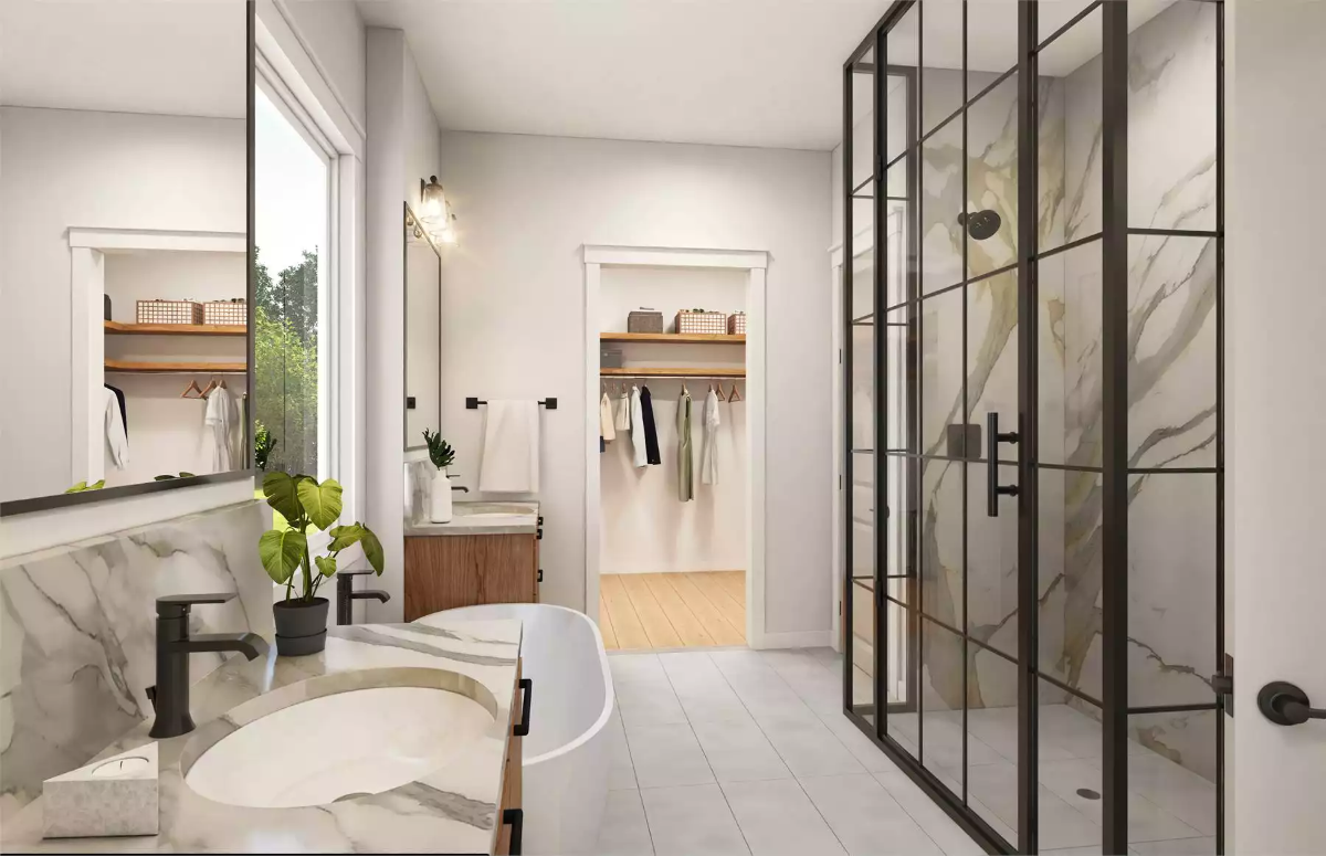 Marble, Matte Black, and a Steel-Frame Shower Make This Primary Bath Worth the Splurge