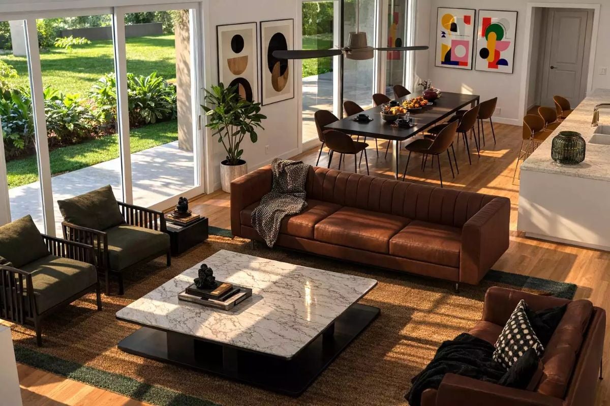 Warm Leather and Marble in an Open-Plan Living Room Worth Staying In