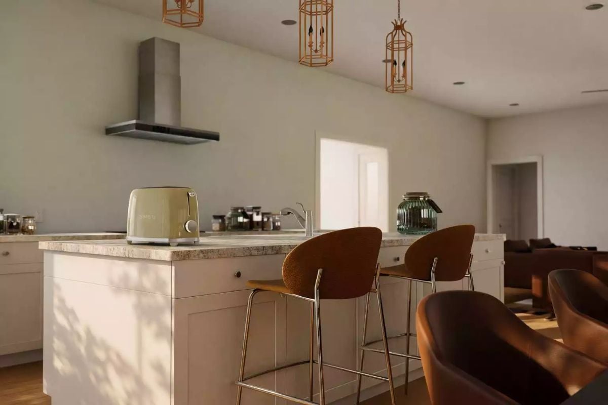 Olive Green Smeg and Gold Cage Pendants Keep This Kitchen Grounded