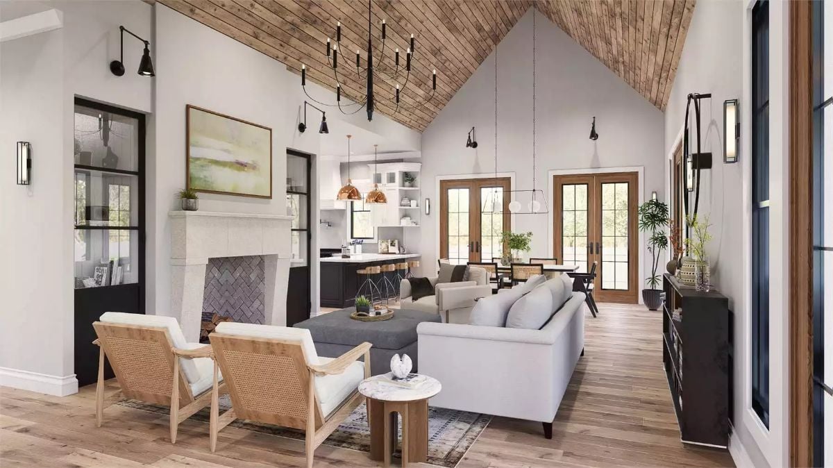 Cathedral Shiplap Ceiling Anchors an Open Living and Kitchen Layout
