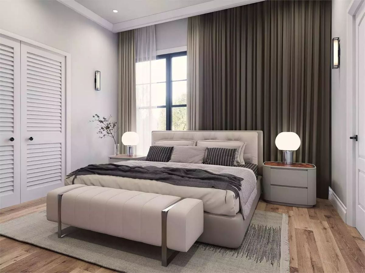 Globe Lamps and a Tufted Bench Make This Bedroom Feel Like a Boutique Hotel