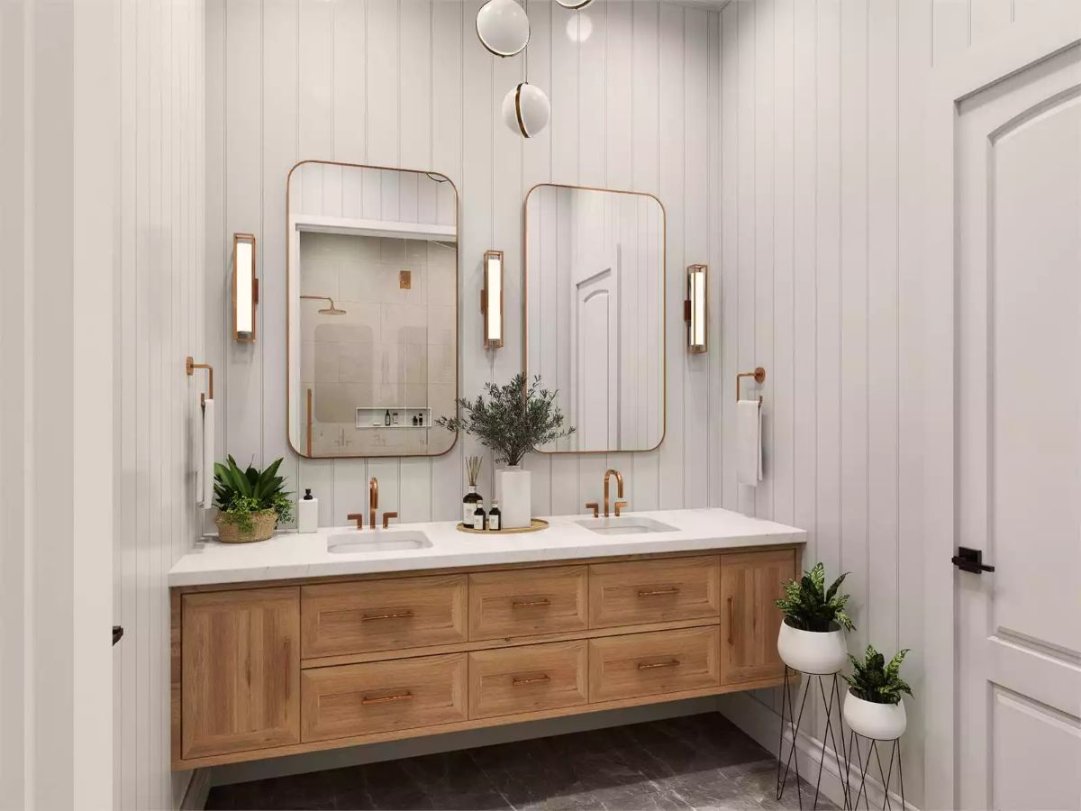 Floating Oak Vanity and Rose Gold Fixtures Set the Tone in This Primary Bath