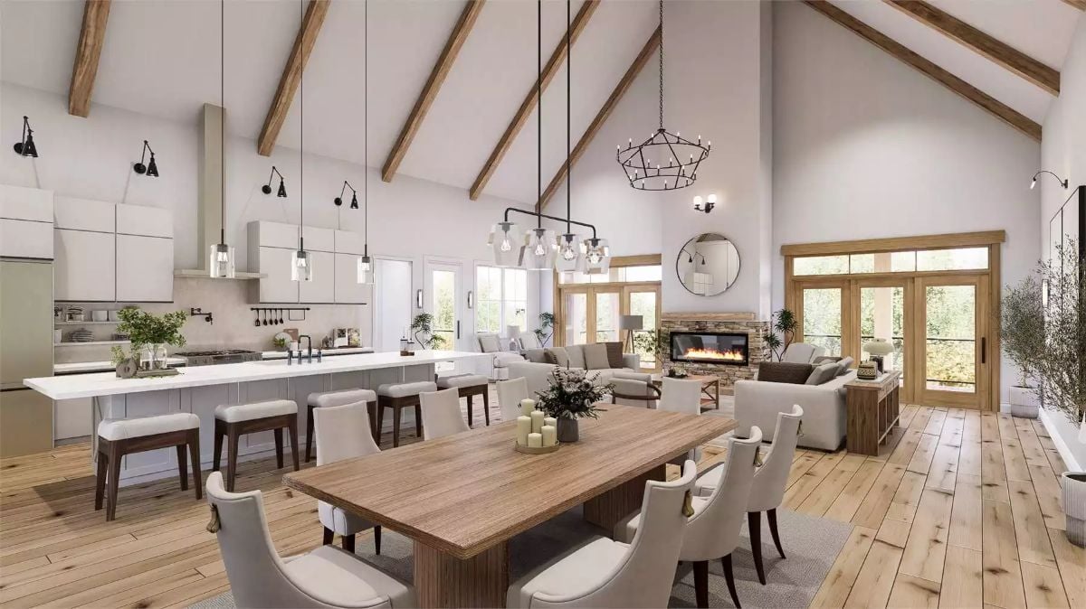 Vaulted Ceilings and Exposed Beams Define This Open-Concept Great Room