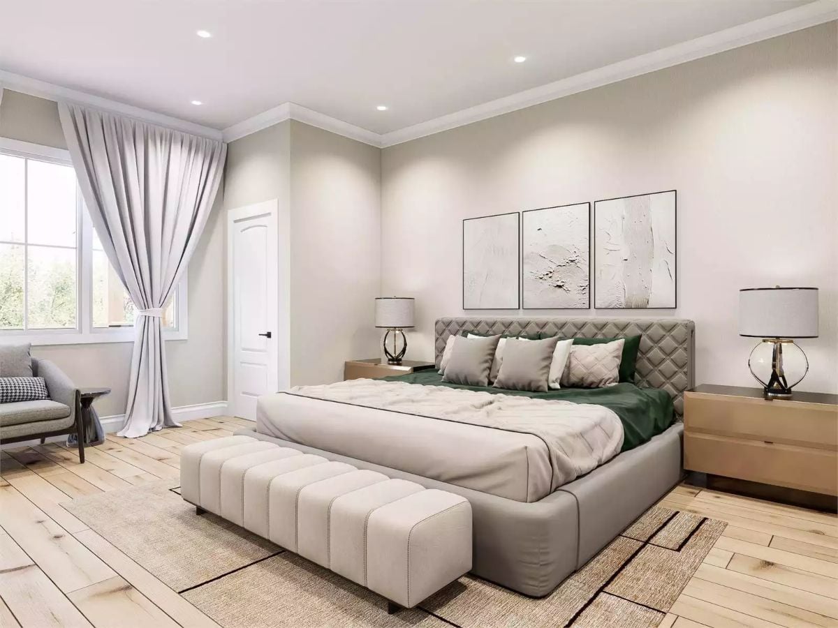 Diamond-Tufted Headboard and Forest Green Bedding Pull This Primary Suite Together