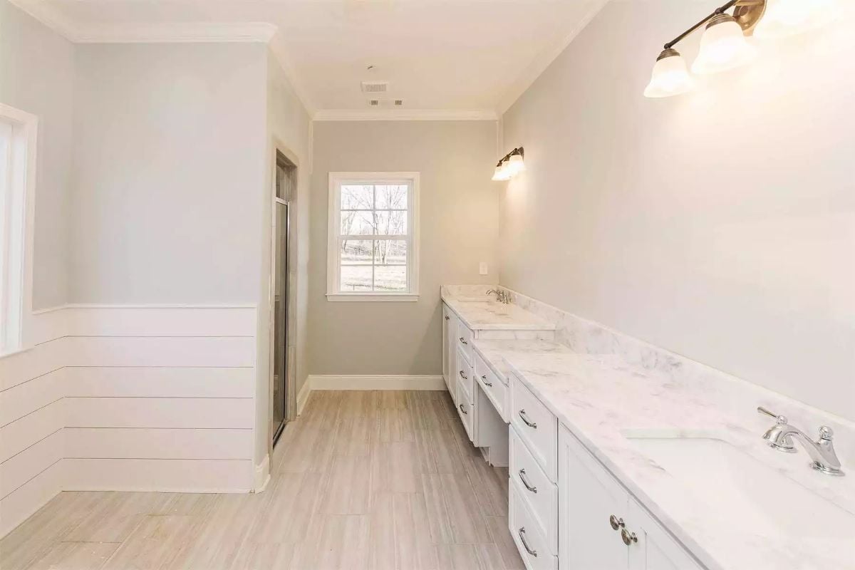 Shiplap Half-Wall and Marble Double Vanity Make a Strong Case for Farmhouse Luxe