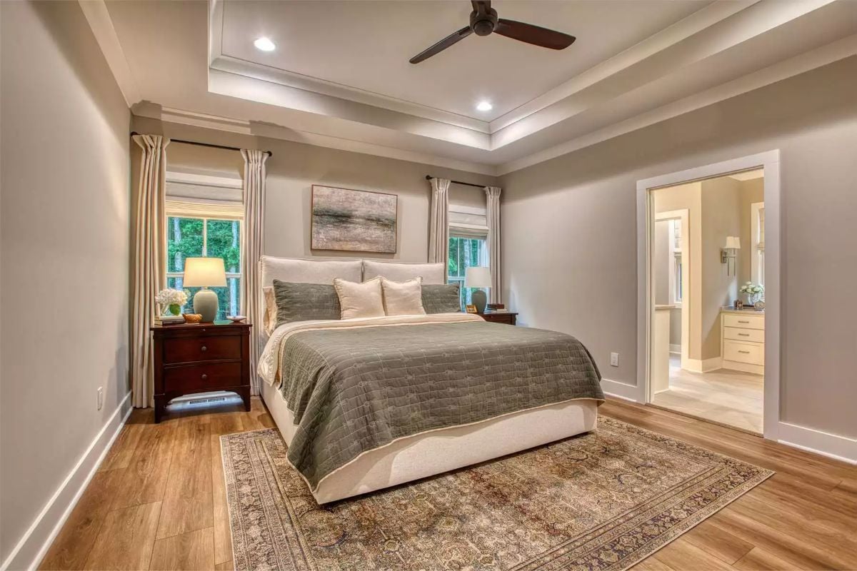 Tray Ceiling and Sage Bedding Give This Primary Suite Its Quiet Authority