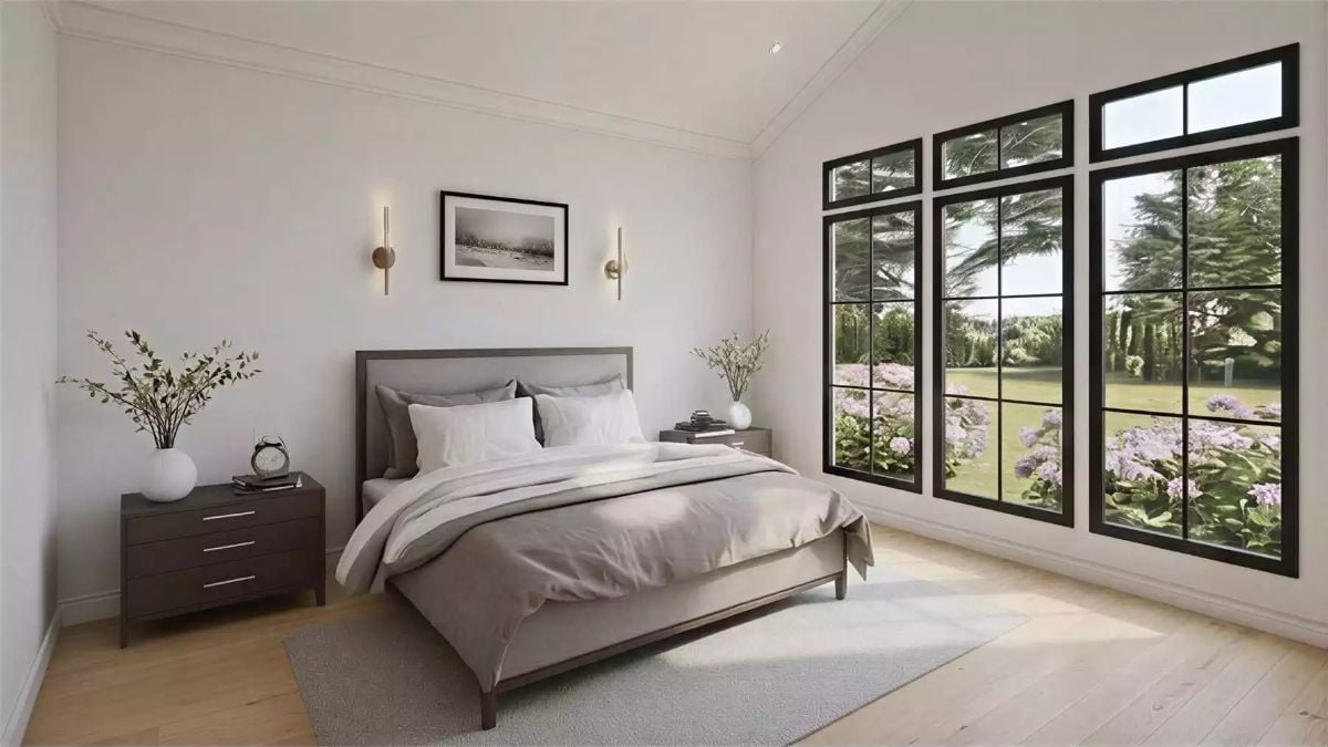 Steel-Frame Windows and Garden Views Do the Heavy Lifting in This Bedroom