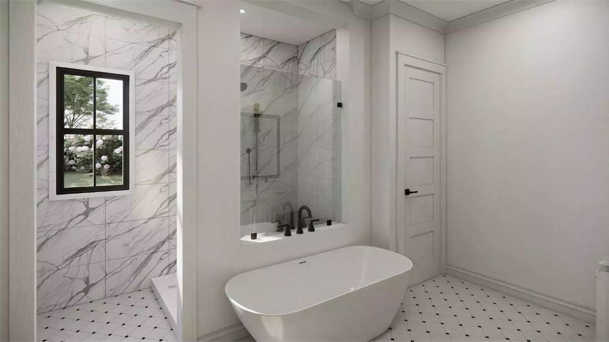 Freestanding Tub and Glass Shower Share Space Without Competing