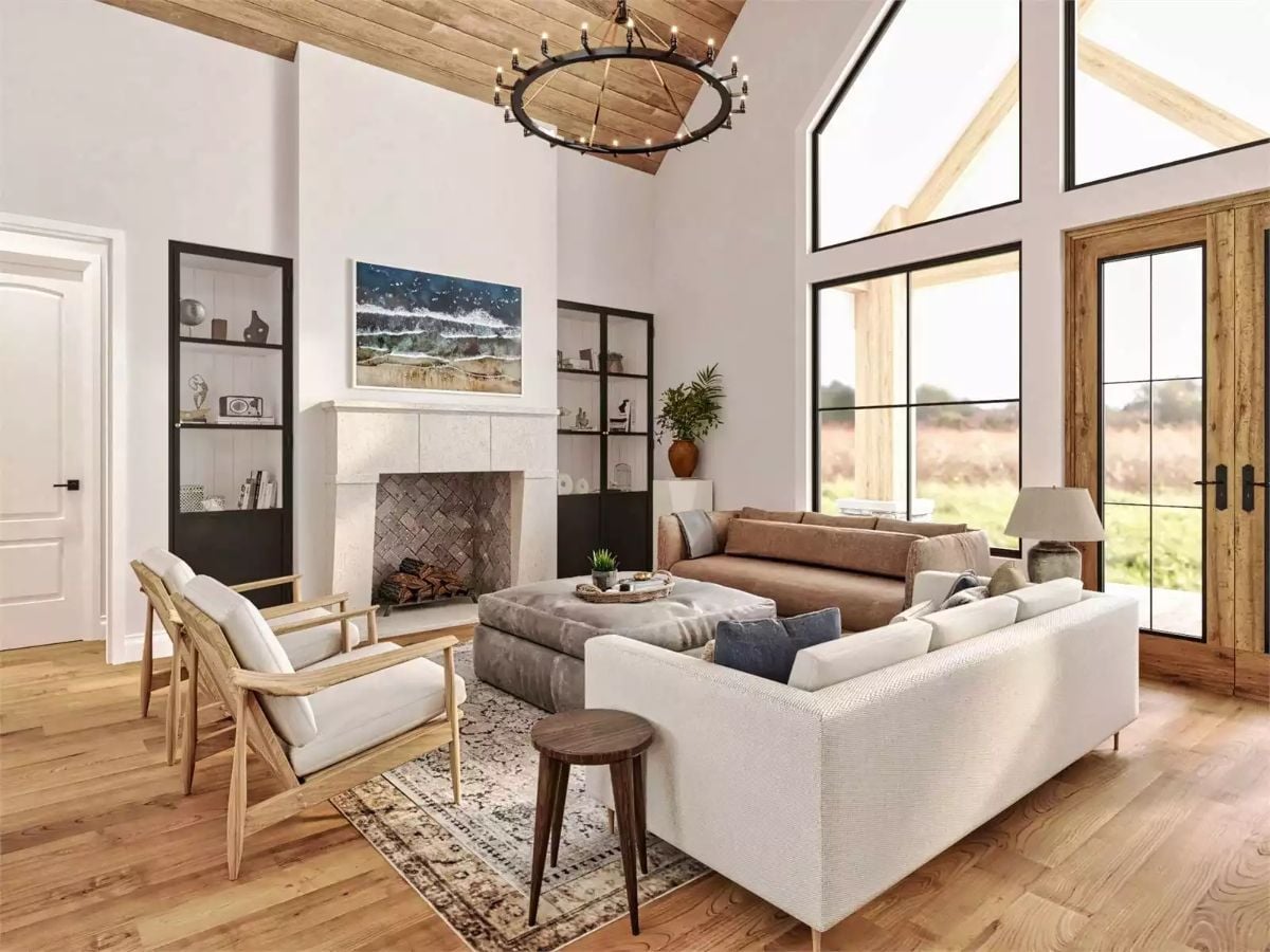Vaulted Ceilings and a Herringbone Fireplace Make This Room Hard to Leave