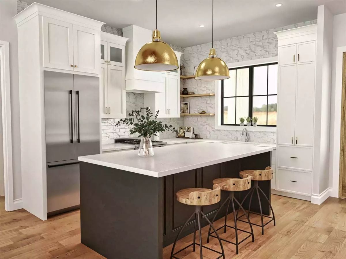 Gold Pendants and a Dark Island Base Pull This Kitchen Together