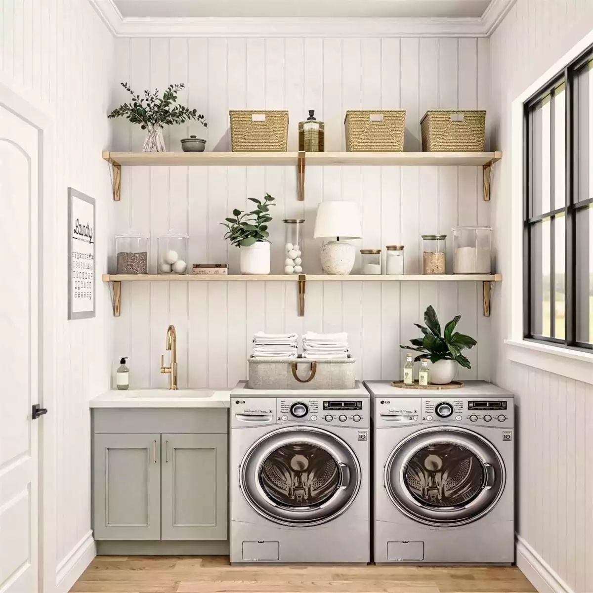 Shiplap Walls and Gold Brackets Make Laundry Feel Less Like a Chore