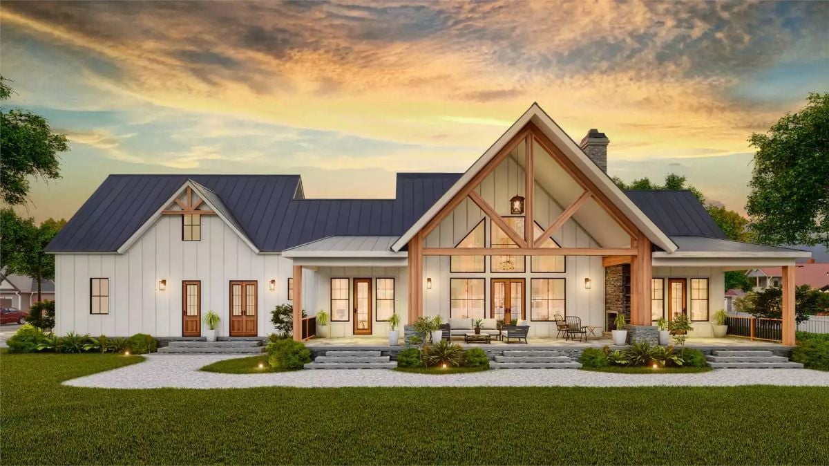 Exposed Timber Gable and Board-and-Batten Walls Define This Modern Farmhouse Front