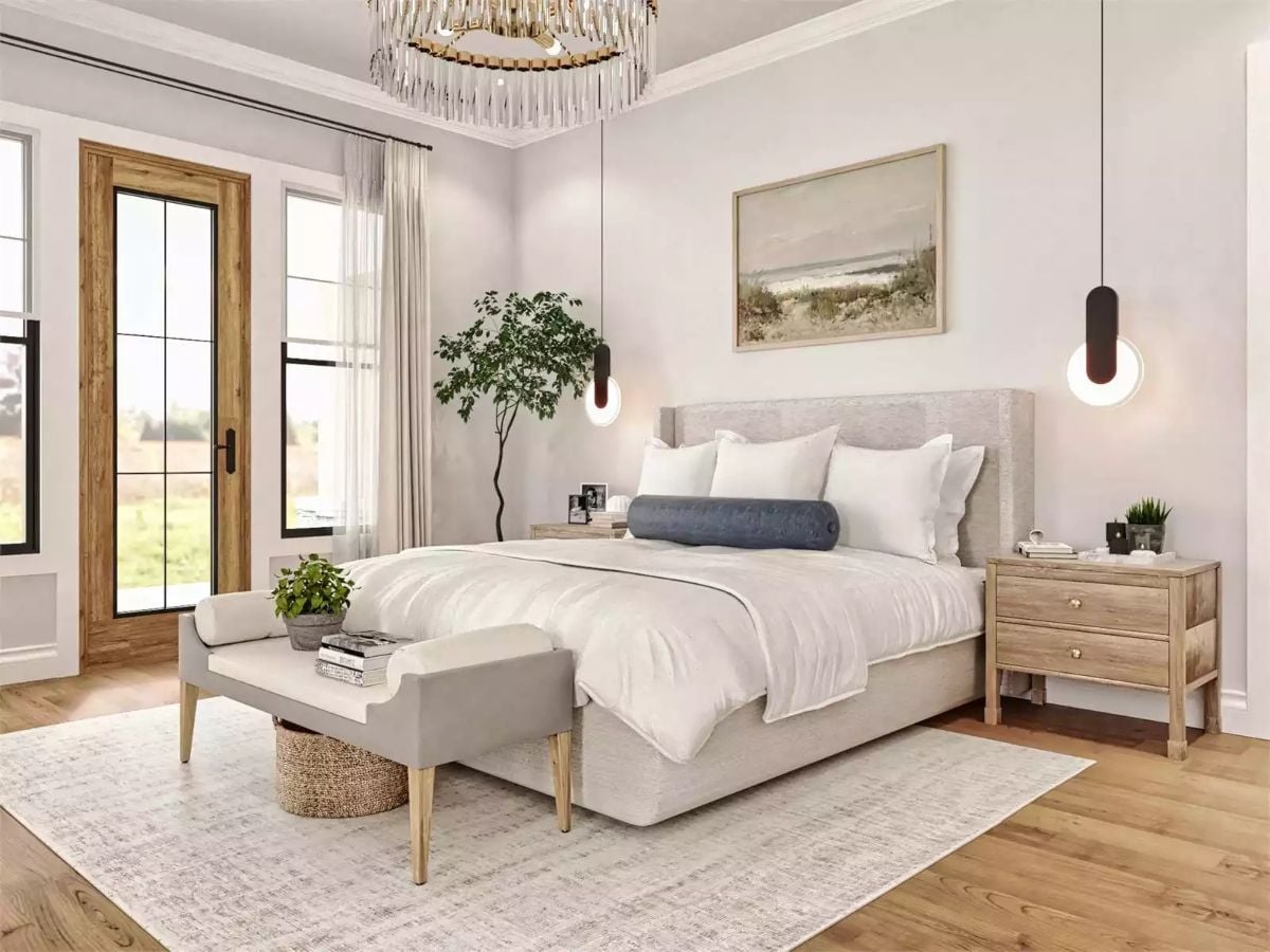 Pendant Lights Over a Wingback Bed Pull This Neutral Primary Bedroom Together