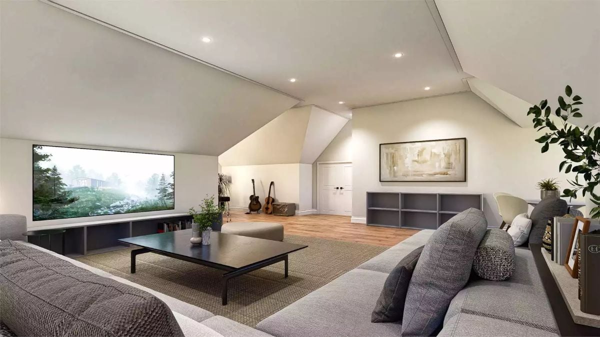 Vaulted Bonus Room Pulls Double Duty as Media Lounge and Music Corner