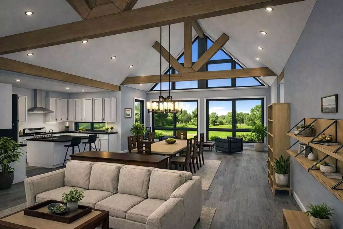 Vaulted Scissor Trusses and a Wall of Glass Frame an Open-Plan Interior