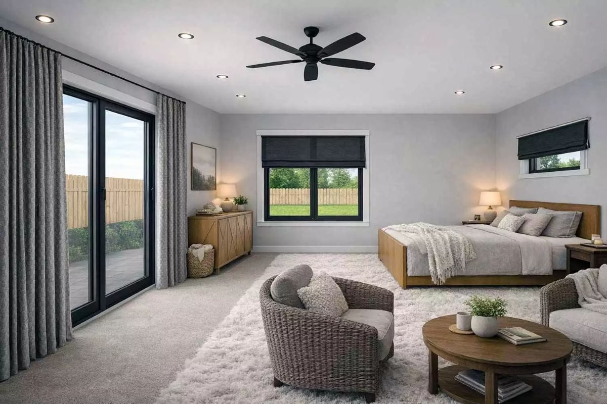Black-Framed Windows and Woven Furniture Give This Primary Suite a Grounded Feel
