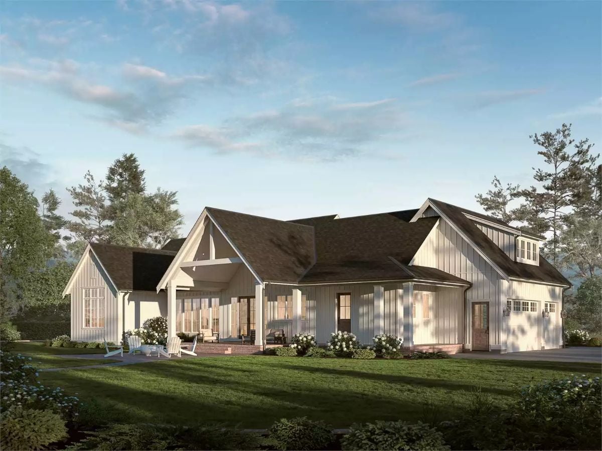 Modern Farmhouse Rear Elevation with Covered Patio and Two-Car Garage